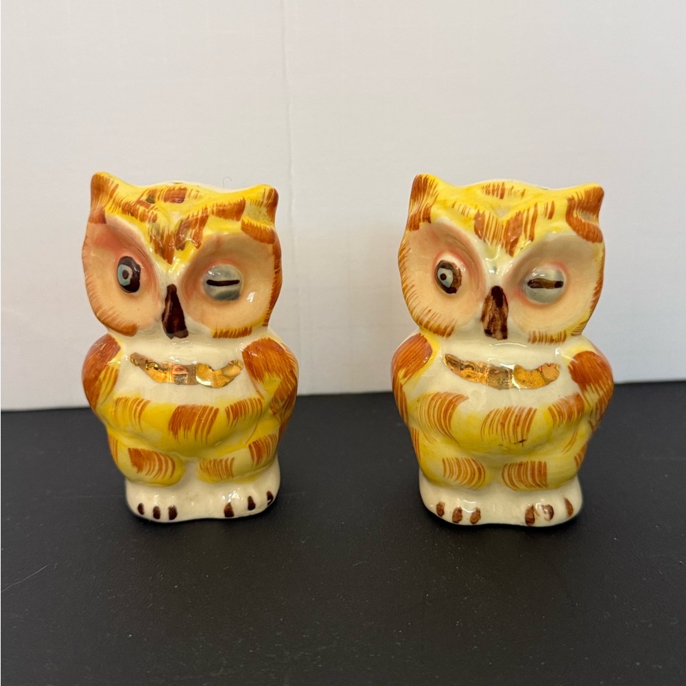 Vintage Owl Salt and Pepper Shakers cork stopper gold accents